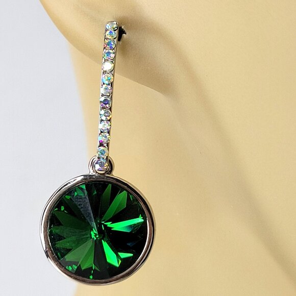 Green Crystal Silver Earrings - Picture 2 of 10